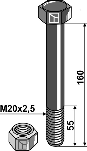 Bolt M20x2,5x160 m. låsemøtrik