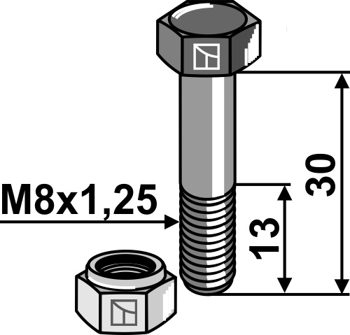 Bolt M8x1,25x30 m. låsemøtrik