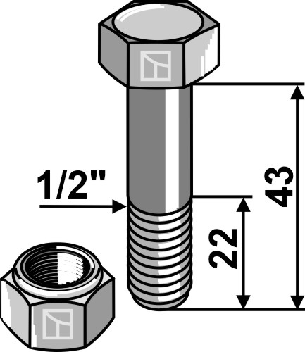 Bolt 1/2''UNFx43 - 12.9 m. låsemøtrik