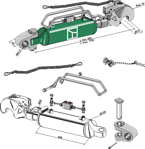 Hydraulisk topstang m. klo og krydsled