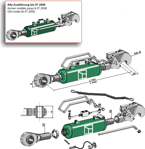 Hydraulisk topstang m. klo og kugleende