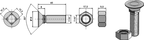 Plovbolt 7/16''UNFx40 - 8.8 med møtrik