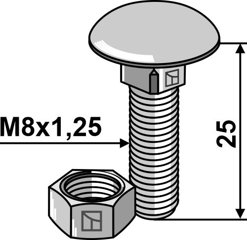Bolt M8x1,25x25 m. møtrik - galvaniseret