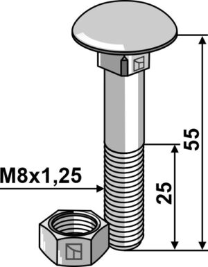 8556034v Bolt M8x1,25x55 m. møtrik - galvaniseret