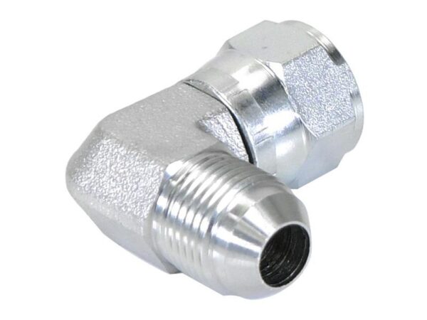 Hydraulikadapter 3/4'' JIC Han x 3/4'' JIC Drejelig hun 90° Kompakt udstødningsbøjning