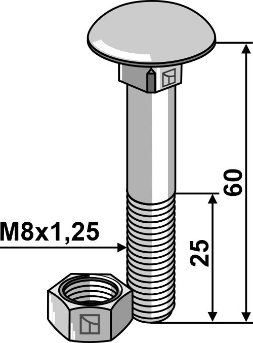 Bolt M8x1,25x60 m. møtrik - galvaniseret