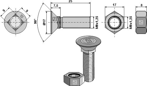Plovbolt DIN608 M9x1,25x25 med møtrik