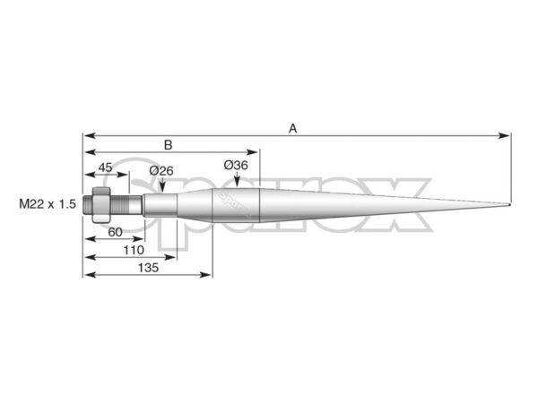 Frontlæssetand - Lige 720mm, Gevind: M22 x 1.50 (Stjerne) Passer til: 10049506