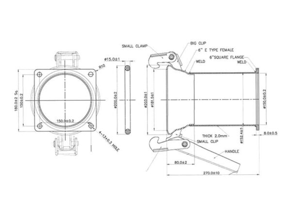 Kobling m/flange og lukkebeslag - Hun 6'' (150mm) x (150mm) (galvaniseret)