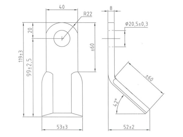 Slagle (Y-type), Længde: 118mm, Bredde: 40mm, Hul Ø: 20.5mm, Tykkelse: 8mm. Passer til Agrimaster, Zanon, Maschio Passer til: 23004
