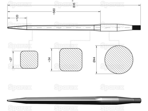 Frontlæssetand - Lige 835mm, Gevind: M27 x 1.50 (Firkantet) Passer til: 300.81.013.0