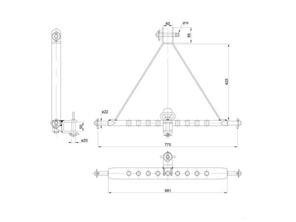 Træk (3-punkt) (Kat. 1 (Ø22mm)) Antal huller: 9, 775mm.