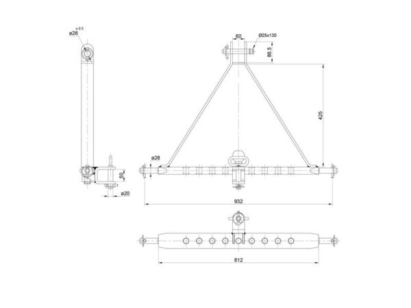 Træk (3-punkt) (Kat. 2 (Ø28mm)) Antal huller: 9, 932mm.