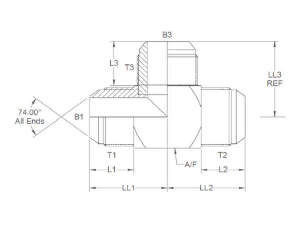 Hydraulisk T-stykke 9/16'' JIC Han x 9/16'' JIC Han x 9/16'' JIC Han
