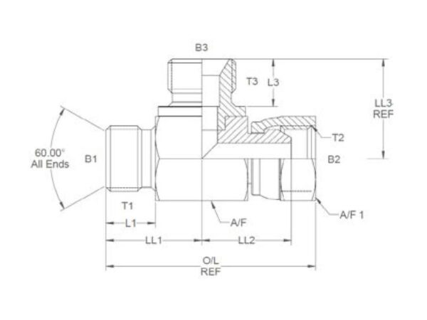 Hydraulisk T-stykke 1/4'' BSP Han x 1/4'' BSP Drejelig hun x 1/4'' BSP Han
