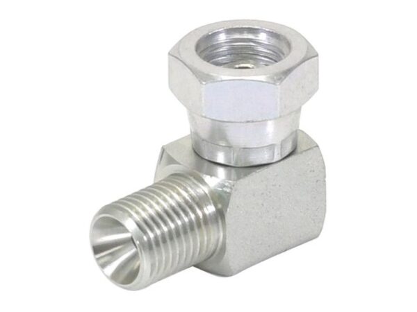 Hydraulikadapter 1/4'' BSP Han x 1/4'' BSP Drejelig hun 90° Kompakt udstødningsbøjning