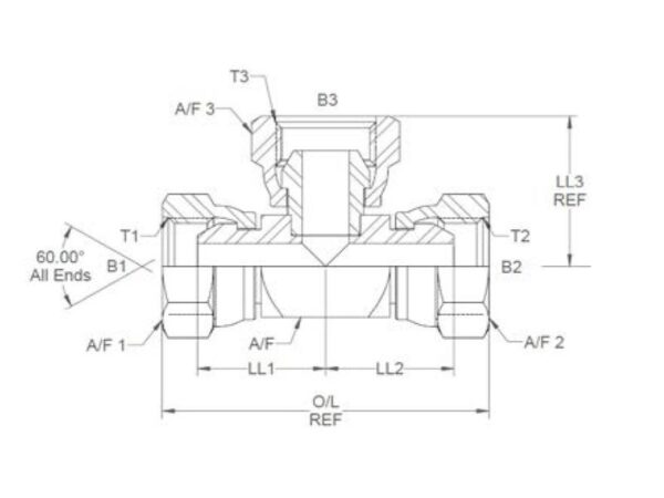 Hydraulisk T-stykke 3/8'' BSP Drejelig hun x 3/8'' BSP Drejelig hun x 3/8'' BSP Drejelig hun
