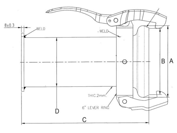 Kobling m/flange og lukkebeslag - Kort - Hun 6'' (159mm) x (150mm) (galvaniseret)