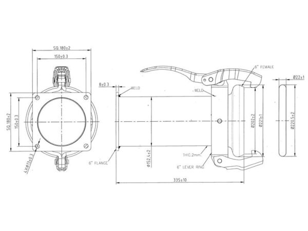 Kobling m/flange og lukkebeslag - Lang - Hun 6'' (159mm) x 6'' (150mm) (galvaniseret)
