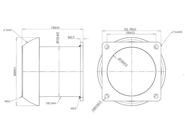 Kobling m/flange og lukkebeslag - Han 6'' (159mm) x (150mm) (galvaniseret)