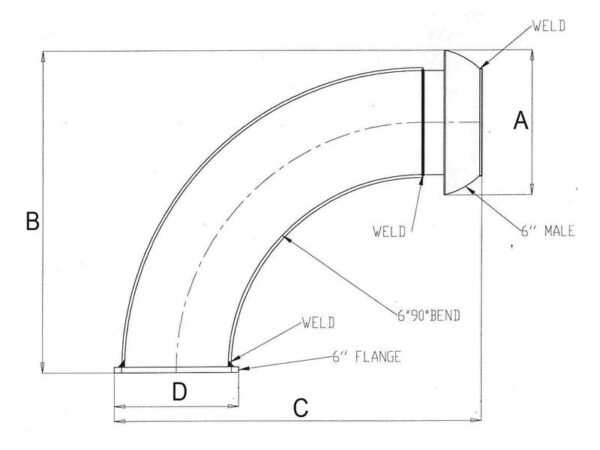 Bøjning 90° m/flange og lukkebeslag - Han 6'' (159mm) x (150mm) (galvaniseret)