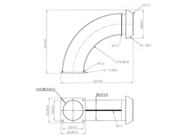 Bøjning 90° m/flange og lukkebeslag - Han 6'' (159mm) x (150mm) (galvaniseret)