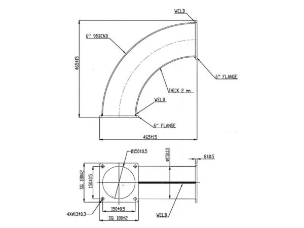 Bøjning 90° m/dobbelt flange 6'' (150mm) (galvaniseret)