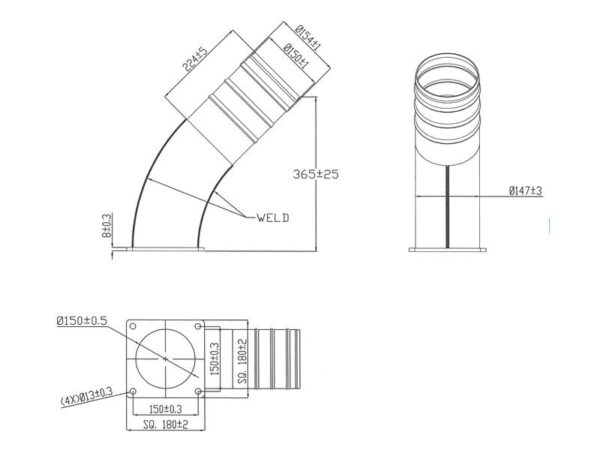 Bøjning 45° m/flange 6'' (150mm) x (150mm) (galvaniseret)