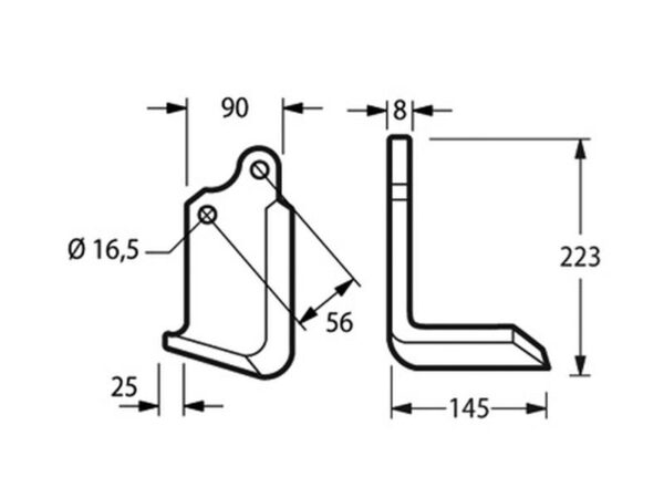 Kniv Firkantet Venstre 90x8mm Højde: 223mm. Hulafstand: 56mm. Hul Ø: 16.5mm. Passer til Maschio, Valentini, Alpego Passer til: Valentini