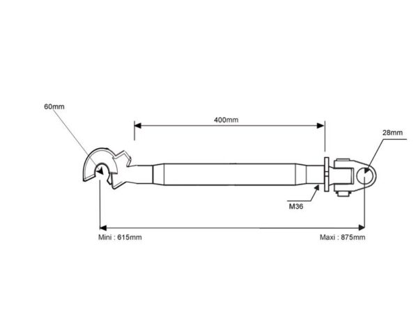 Topstang (Kat.28mm/3 (Ø28/32mm)) Led og Krog, M36 x 3, Min. længde: 615mm.
