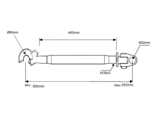 Topstang (Kat.3/3 (Ø32/32mm)) Led og Krog, M36 x 3, Min. længde: 680mm.