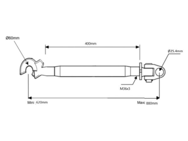 Topstang (Kat.2/3 (Ø25/32mm)) Led og Krog, M36 x 3, Min. længde: 620mm.