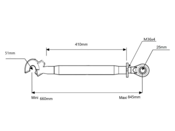 Topstang HD (mekanisk) (Kat.2/2 (Ø25/25mm)) Kugle og Krog, M36 x 4, Min. længde: 660mm.