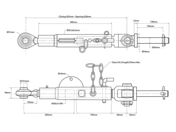 Stabilisator - Kugle Ø19mm - Bolt Ø24mm - Min. længde: 425mm - M30 x 3.50