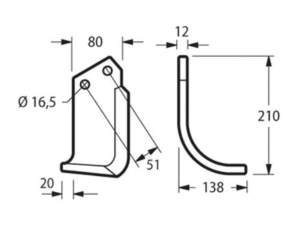 Kniv HD Venstre 80x9mm Højde: 215mm. Hulafstand: 51mm. Hul Ø: 16.5mm. Passer til Howard