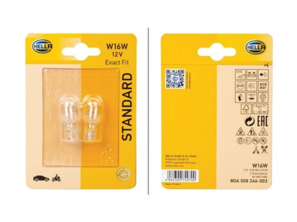 Pære W16W, 12V, 16W, W2.1x9.5d (Clamshell 2 stk.)
