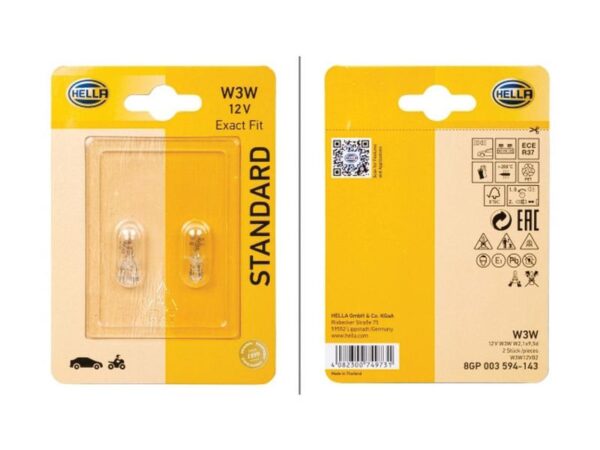 Pære W3W, 12V, 3W, W2.1x9.5d (Clamshell 2 stk.)