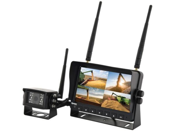 Kamerasystem (trådløs) med 1 x 7'' Digital Wireless 4QUAD split HD monitor with audio and DVR function, 1 x CMOS digital wireless camera with microphone, 1 x Solskærm, 1 x Beslag, 1 x Manual