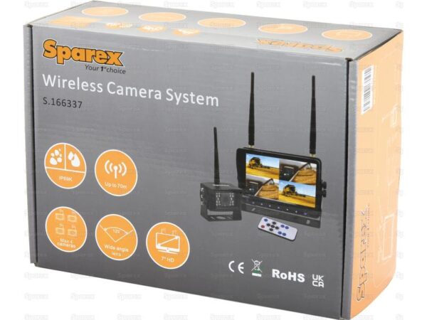 Kamerasystem (trådløs) med 1 x 7'' Digital Wireless 4QUAD split HD monitor with audio and DVR function, 1 x CMOS digital wireless camera with microphone, 1 x Solskærm, 1 x Beslag, 1 x Manual