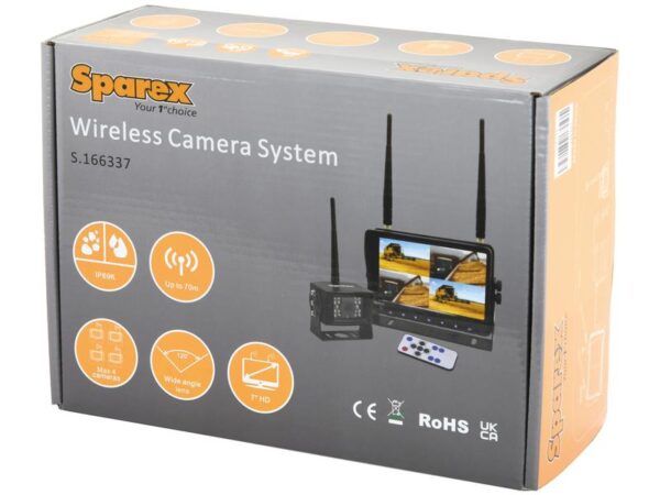 Kamerasystem (trådløs) med 1 x 7'' Digital Wireless 4QUAD split HD monitor with audio and DVR function, 1 x CMOS digital wireless camera with microphone, 1 x Solskærm, 1 x Beslag, 1 x Manual