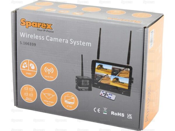 Kamerasystem (trådløs) med 1 x 9'' Digital Wireless 4QUAD split HD monitor with audio and DVR function, 1 x CMOS digital wireless camera with microphone, 1 x Solskærm, 1 x Beslag, 1 x Manual