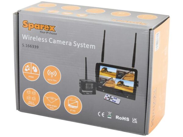 Kamerasystem (trådløs) med 1 x 9'' Digital Wireless 4QUAD split HD monitor with audio and DVR function, 1 x CMOS digital wireless camera with microphone, 1 x Solskærm, 1 x Beslag, 1 x Manual
