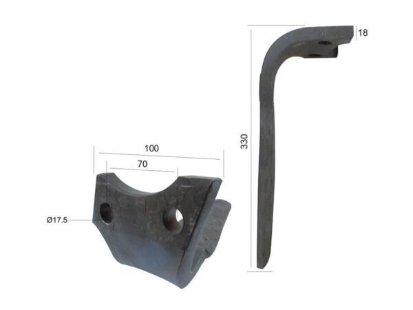 Rotorharvetand 100x18x330mm Venstre. Hulafstand: 70mm. Hul Ø 17.5mm. Passer tilRabewerk. Passer til: KG41 SX