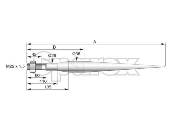 Frontlæssetand - Lige 810mm, Gevind: M22 x 1.50 (Stjerne) Passer til: 66035