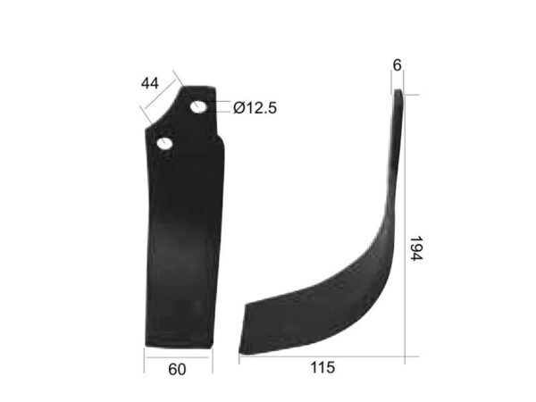 Kniv Buet Venstre 60x6mm Højde: 194mm. Hulafstand: 44mm. Hul Ø: 12.5mm. Passer til Maschio Passer til: 019100424