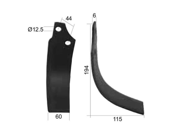 Kniv Buet Højre 60x6mm Højde: 194mm. Hulafstand: 44mm. Hul Ø: 12.5mm. Passer til Maschio Passer til: 019100243