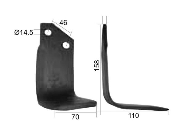 Kniv Firkantet Højre 70x7mm Højde: 158mm. Hulafstand: 46mm. Hul Ø: 14.5mm. Passer til Sovema Passer til: 900111010