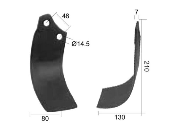 Kniv Buet Højre 80x7mm Højde: 210mm. Hulafstand: 48mm. Hul Ø: 14.5mm. Passer til Maschio Passer til: 29100404