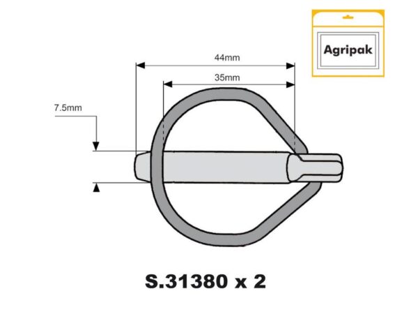 Ringsplit (pæreformet)(m/sikkerhedslukning), Stift Ø7.5mm x 44mm (2 stk. Agripak)