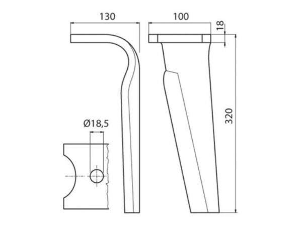 Rotorharvetand 100x18x320mm Højre. Hulafstand: Hul Ø 18.5mm. Passer tilKverneland. Passer til: MA44000150